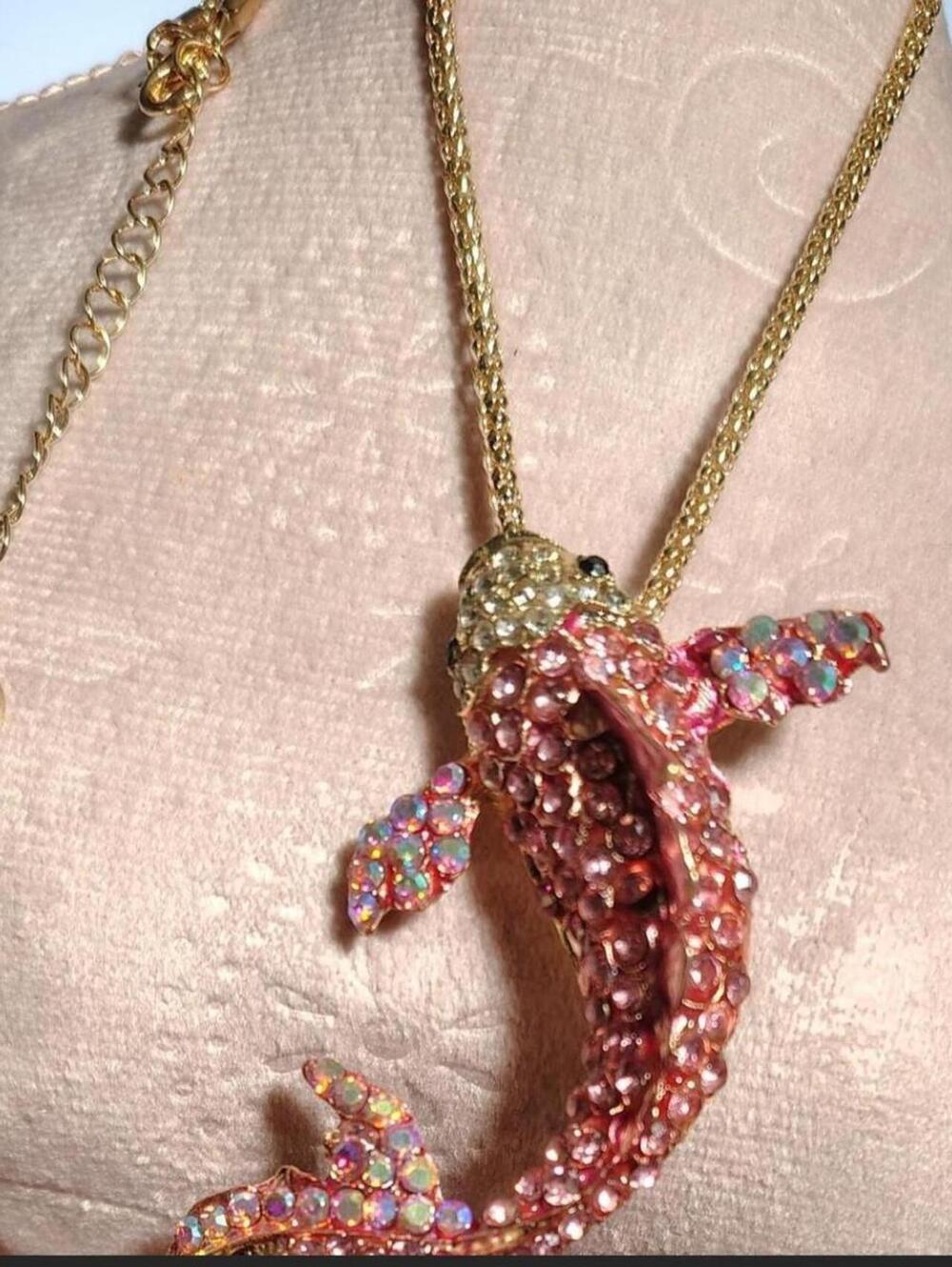 Betsey Johnson Gold Tone Pink Rhinestone Fish Pendant Necklace with Heart Charm